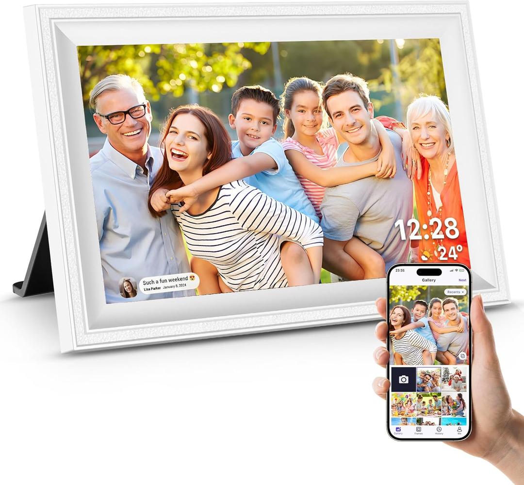 Smart White Digital Picture Frame WiFi Send Photos from Your Phone 16GB Storage 10.1inch 1280x800 IPS Touch Screen Digital Photo Frame Auto-Rotate Wall Mountable Photo Picture Frame Digital, Black 