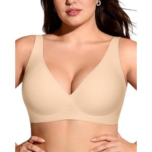 OEAK Womens Deep V Bras Wireless Comfortable Bra Supportive No Underwire Bras Tshirt Push Up Bralettes Plunge Seamless Bra (Large Plus, Beige)