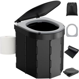 Portable Camping Toilet with PU Cushion, Folding Porta Potty for Adults with Lid and Toilet Paper Holder, Waterproof Camping Toilet with Lid for Camping, Hiking, RV Travel, Road Trips