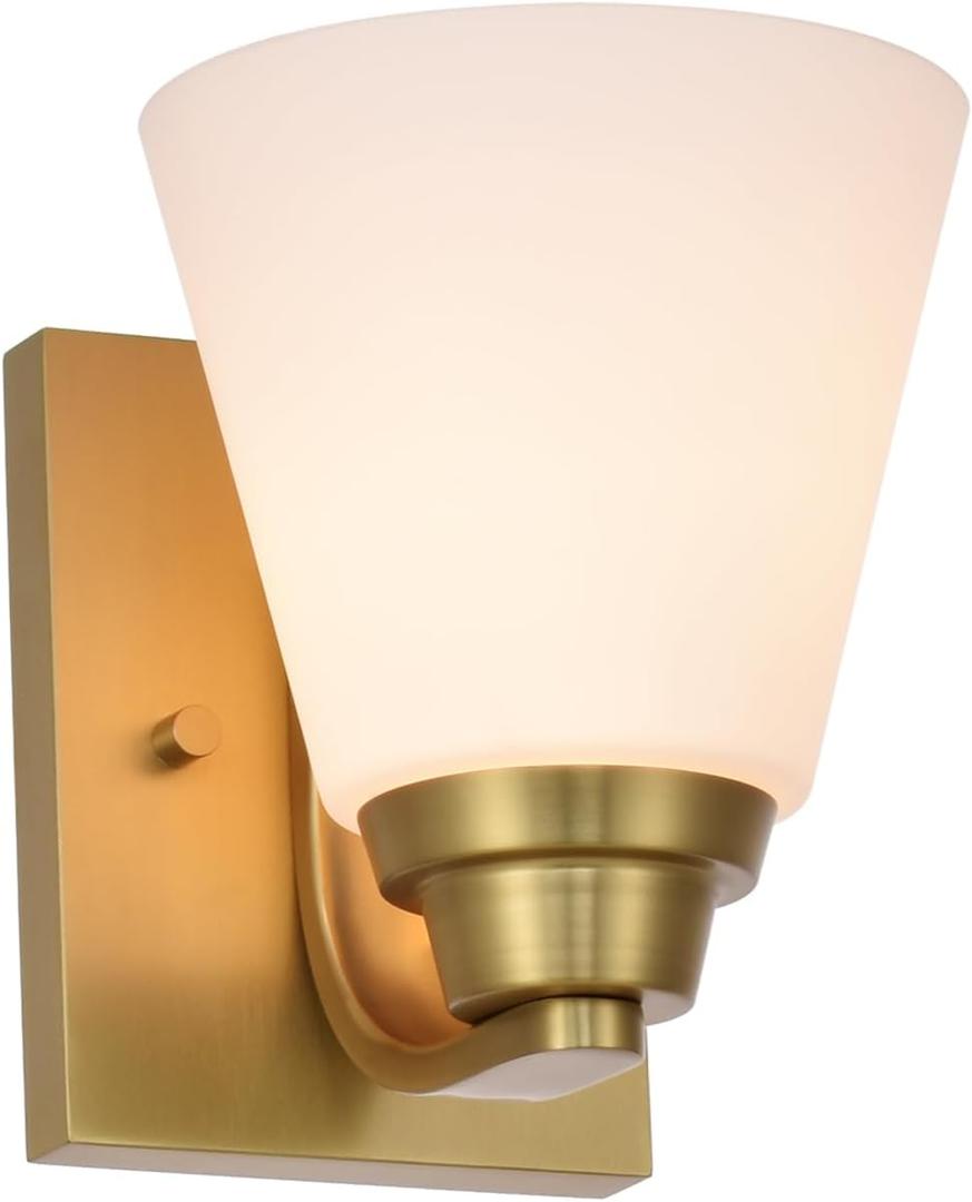 Aged Brass Wall Sconce Light, Traditional Sconces Wall Lighting, 1 Light Bathroom Vanity Lighting with Opal Glass Shade, Wall Light for Bedroom Bathroom Living Room Entryway Hallway