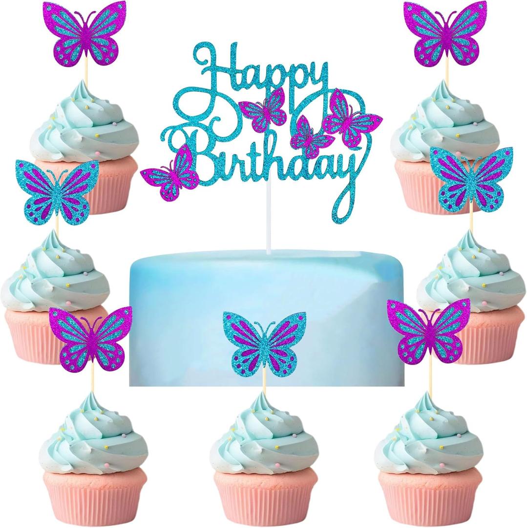 13 PCS Blue & Purple Happy Birthday Cake Toppers 3D Double-Layer Butterfly Cupcake Decorations for Birthday Parties and Baby Showers Cake Decor