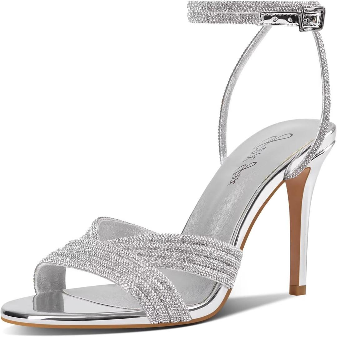 Women's Rhinestone High Heel Sandals Sparkly Stilettos Heeled Ankle Strap Stilettos Round Open Toe Dressy Weddings Sexy Sandals Shoes