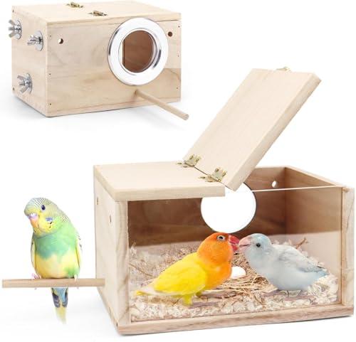 TiereCare Parakeet Nesting Box - Visual Wooden Bird Nest Breeding Box - Bird Cage House with Perch for Lovebirds Cockatiel Budgie Finch Parrot