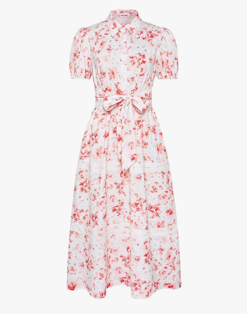 GRACE KARIN Women's 2025 Summer Floral Flowy Dresses Boho Tie Belt Short Puff Sleeve A Line Maxi Shirt Dress with Pocket XL