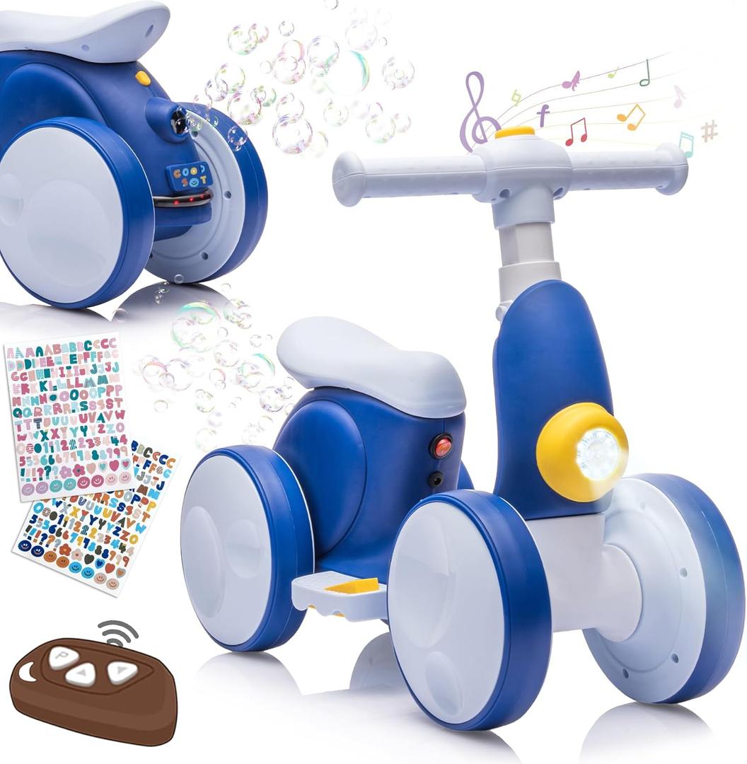 Electric Baby Balance Bike with Bubble Machine for 1 Year Old Boys Girls 4 in 1 Toddler Balance Bike 12-48 Month Kids Bubble Bike Ride Toys First Birthday Gift with Powered Motor, Music, LED Lights (Blue)