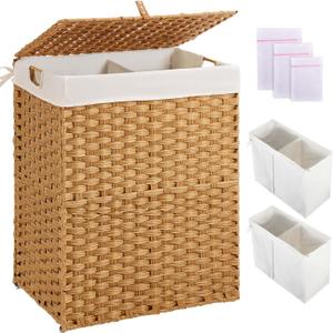 Greenstell Laundry Hamper No Install Needed, Divided Clothes Hamper with 2 Removable Liner Bags, 90L Handwoven Synthetic Rattan Laundry Basket with Lid and Handles, Foldable Natural