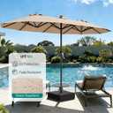 AreShark 15FT Patio Umbrella with Solar Lights, Double Sided Outdoor Table Umbrellas with Crank, Large Rectangular Market Umbrella for Porch, Lawn, Pool, Backyard, Beige, 9x15 FT