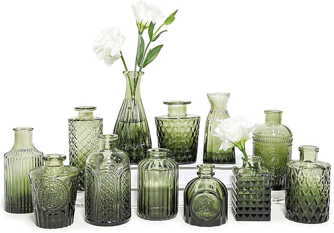 SUPMIND 12pcs Glass Bud Vase Set, Small Green Flower Vases for Centerpieces in Bulk, Mini Vintage Vase for Wedding, Home,Table Decoration