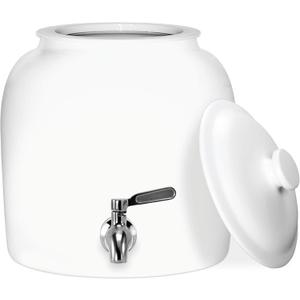Geo Sports Porcelain Ceramic Crock Water Dispenser, Stainless Steel Faucet, Valve and Lid Included. Fits 3 to 5 Gallon Jugs. (Solid White)