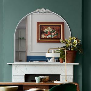 Wall Mirror White, Baroque Ornate Arch Mirror Vintage Farmhouse Frame, 28 x 28 Cemicircle Vanity Mirrors Decorative for Dining Living Washroom Sink, Entryway, Foyer, Over Fireplace Mantle