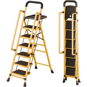 6 Step Ladder with Tool Platform,Folding Step Stool with Handrails,Sturdy& Portable Steel Ladder with Wide Pedal,Portable Safety Ladder for Adults Painting Home Outdoor Garage (Yellow Color)
