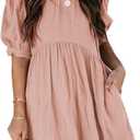 Dokotoo Womens Summer Crewneck Puff Sleeve Babydoll Elegant Empire Waist Mini Swing Skater Dresses with Pockets (Large, 1 Pink)
