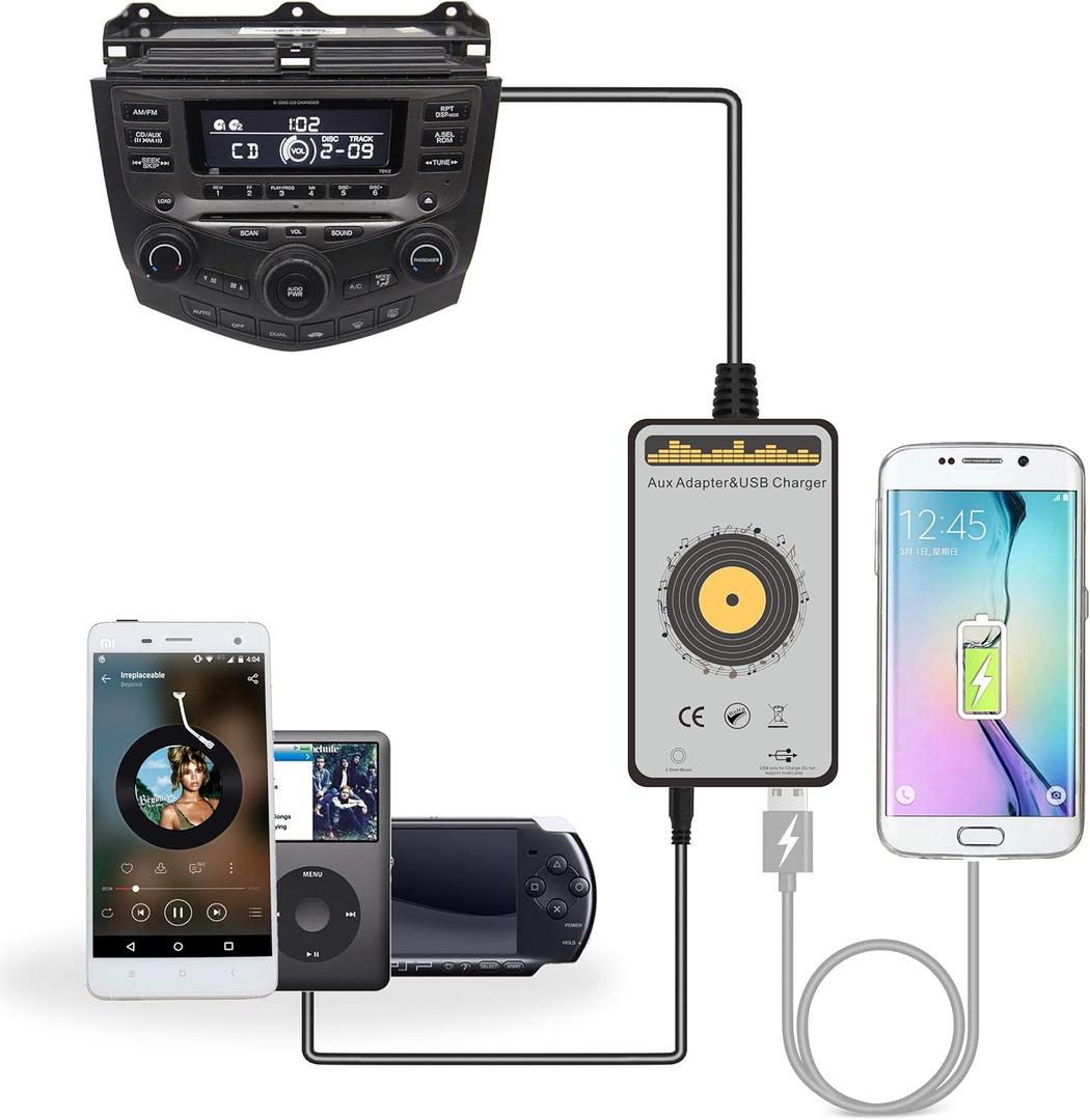 Car Audio AUX Input Adapter with 5V/3.0A USB Charging Port (2nd Gen) for Honda Accord 2003-2012, City 2002-2011, CRV 2005-2014, Civic 2006-2012, Odyssey 2005-2010, TSX 2004-2011