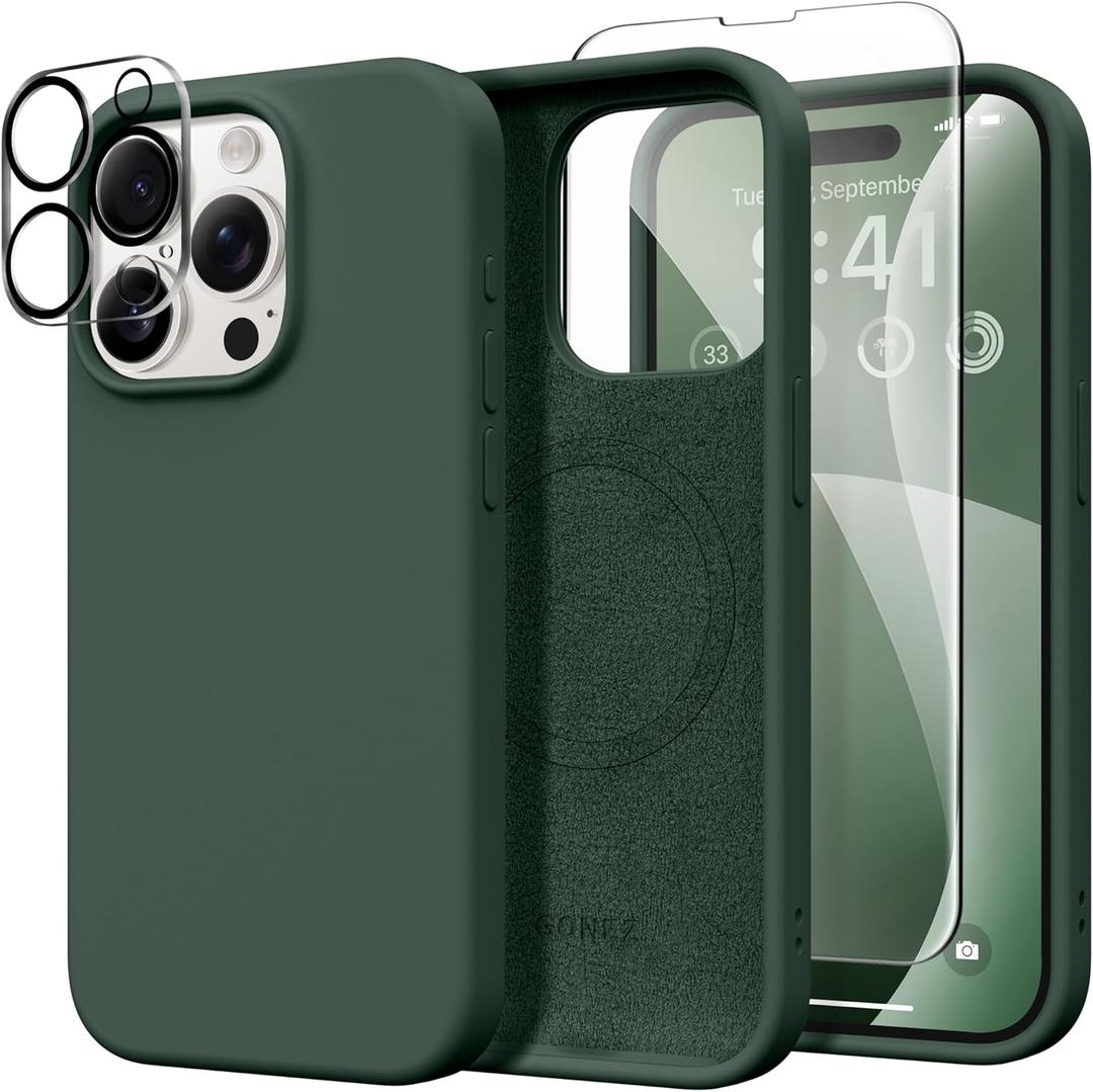 GONEZ Magnetic for iPhone 15 Pro Case, [Compatible with MagSafe] Anti-Scratch Microfiber Lining & Screen Protector, Shockproof Slim Phone Silicone Cover 6.1 inch, Dark Green