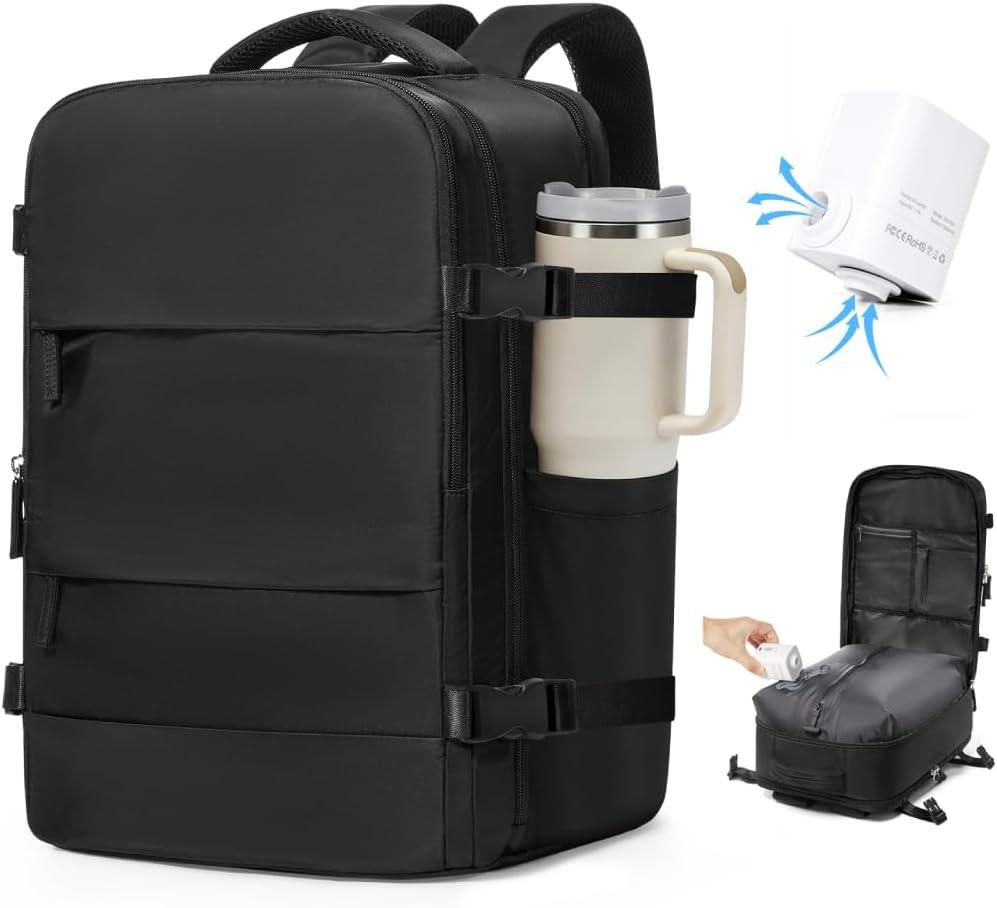 VGCUB Vacuum Backpack Travel with Pump Vacpack System Storage Compression Carry on Laptop Work Business Waterproof College Bags Casual Daypack Backpacks for Women Men Black