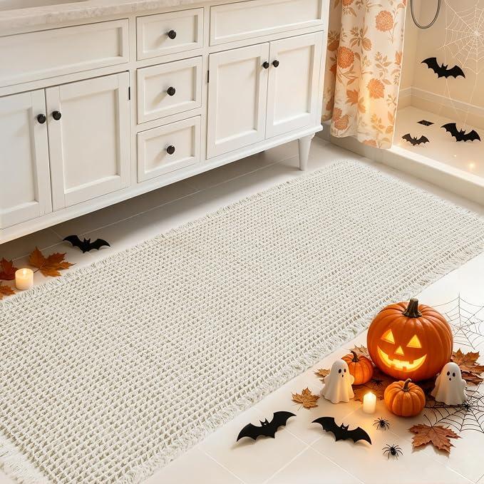 SUBRTEX Waffle Braided Bath Mat, 24" x 60" Soft Waffle Bath Rugs, Absorbent Non Slip Bathrooom Mats, Machine Washable Area Rug for Bathroom, Quick Dry, White, Size: 24" x 60" (Runner)