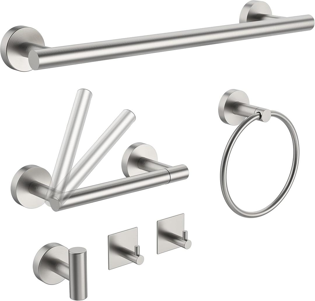 6 PCS Bathroom Hardware Set, Including 16" Hand Towel Bar, Toilet Paper Holder, Towel Ring, Robe Towel Hooks, Bathroom Accessories Kit (Brushed Stainless Steel)