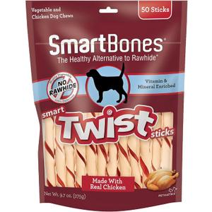 SmartBones Smart Twist Sticks, Rawhide Free Dog Chew Sticks, Made With Real Chicken, 50 Sticks , 9.7 Ounce (Pack of 1) (BB: 07/04/2027)