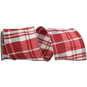 Reliant Ribbon Grand Plaid Dupione Sparkle Wired Edge Ribbon, 4 Inch X 10 Yards, Red/white