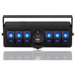 6 Gang Rocker Switch Box with 12V SPST ON Off Switch, PD Type C and QC 3.0 USB Charger, Voltmeter for Boats, Cars, RVs, Trucks