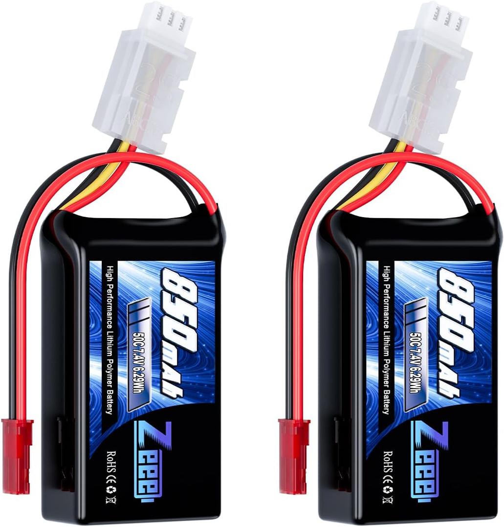 Zeee 2S Lipo Battery 850mAh 7.4V 50C Soft Pack RC Battery with JST Connector for FPV Drone Quadcopter Airplane RC Boat Helicopter RC Car RC Models(2 Pack)
