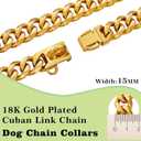 18K Gold Plated Stainless Steel Dog Collar with Safety Lock 15MM Heavy-Duty Cuban Link for Small, Medium & Large Dogs for Extra Small Dog with 8inch Dog's Neck