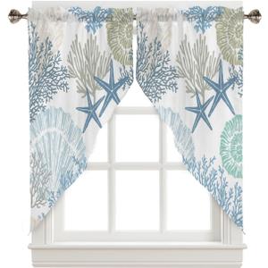 Swag Curtain Valances Nautical Coastal Ocean Coral Short Swag Topper for Small Windows Beach Themed Blue Teal Window Curtain Tiers for Kitchen Bedroom Living Room 56" W x 36" L