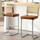 Zesthouse Natural Rattan Bar Stools Set of 2, Modern Counter Height Stools with Solid Wood Back, 26'' Counter Height Chairs, Mid Century Cantilevered Bar Chairs for Kitchen Island, Faux Leather Brown