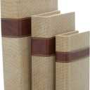 Deco 79 Linen Fabric Decorative Box Faux Storage Book Book Shaped Boxes with Faux Leather Detailing, Set of 3 Decorative Keepsake Boxes 15", 12", 9"H, Brown