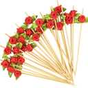100pcs Red Rose Flower Cocktail Picks 4.7 Inch, Valentine Decorations Toothpicks for Appetizers Bamboo Fruit Skewers Food Picks for Wedding Valentine Holiday Party Decoration (Red)