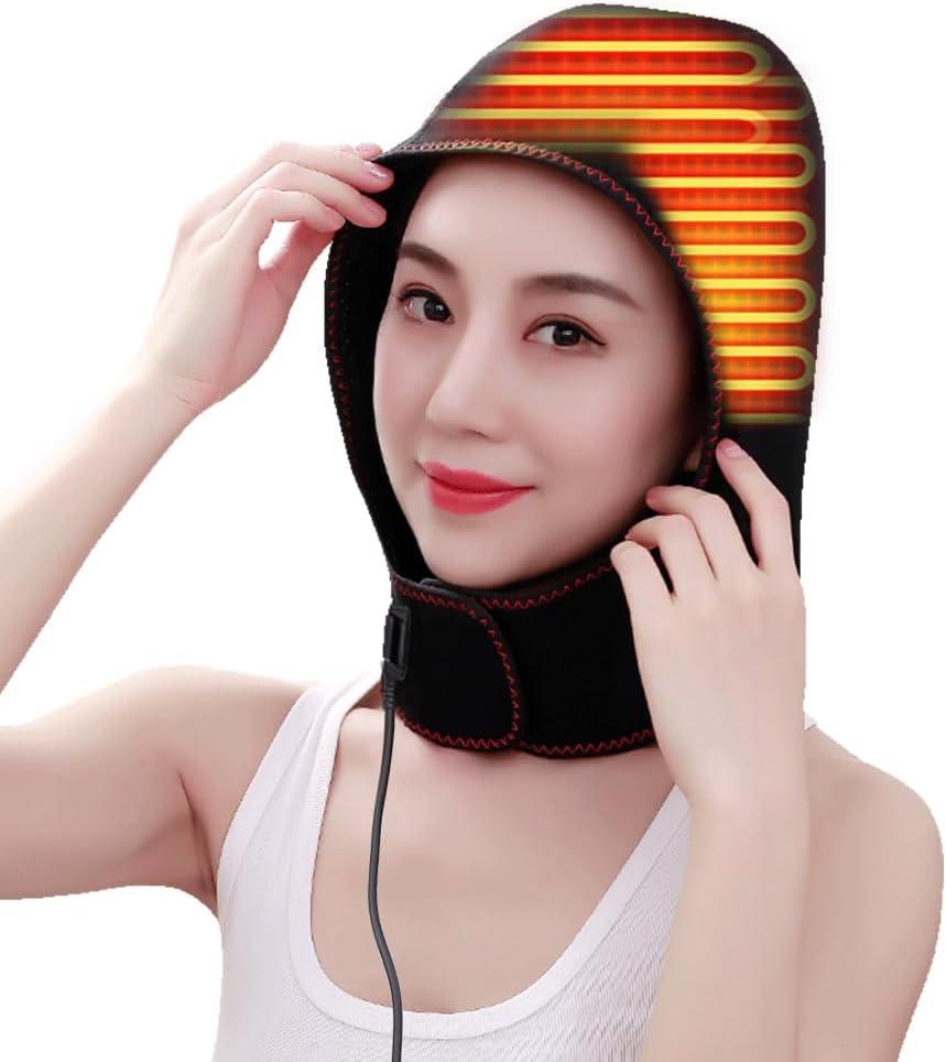 Heated Head Wrap for Headache and Neck Pain, Eletric Heated Hood Hat Migraine Relief Heating Pad for Head, Relieve Tension, 3 Temperature Settings/Adjustable Size