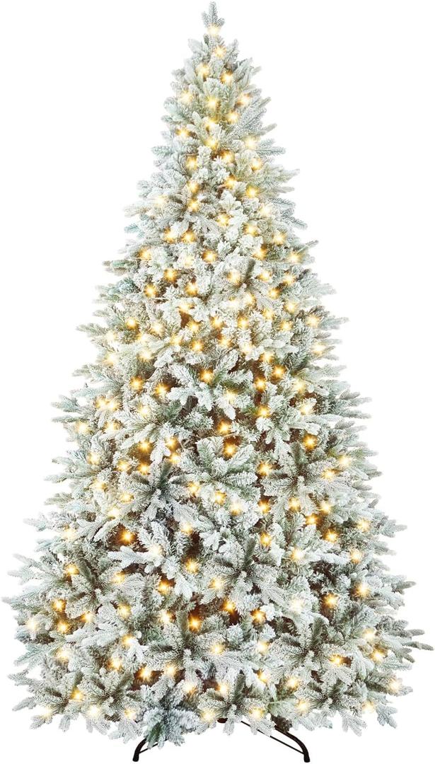 9.5ft Snow Flocked Artificial Christmas Tree Fake Hinged Pine Tree with 450 Warm White Lights, 1800 Branch Tips, Foldable Stand for Christmas Home Office Party Decoration