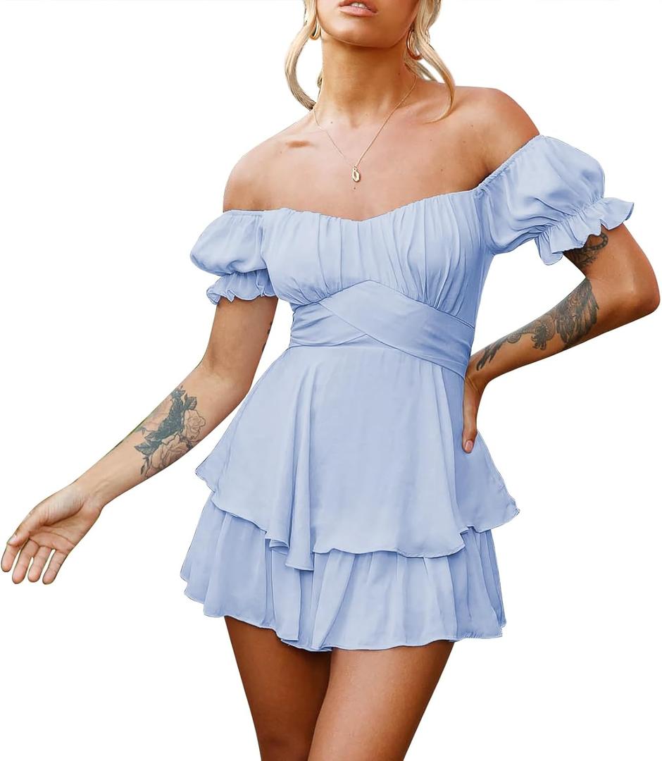 Fixmatti Women Boho Romper Off Shoulder Ruffle Chiffon Shorts Jumpsuit Playsuits (Medium, Z-light Blue)