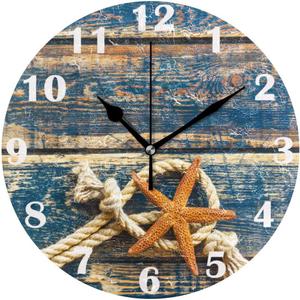 Pfrewn Summer Beach Starfish Wall Clock Silent Non Ticking Rrtro Wooden Clocks Battery Operated Vintage Desk Clock 10 Inch Quartz Analog Quiet Bedroom Living Room Home Decor
