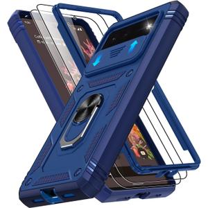 for Pixel 6 Case with Slide Camera Cover & Screen Protector (2 PCS), Google Pixel 6 Case Build in 360 Rotating Ring Kickstand, Military Grade Protective Cover for Pixel 6 Phone, Blue