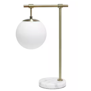 21 in. Antique Brass White Globe Shade Table Desk Lamp with Marble Base 