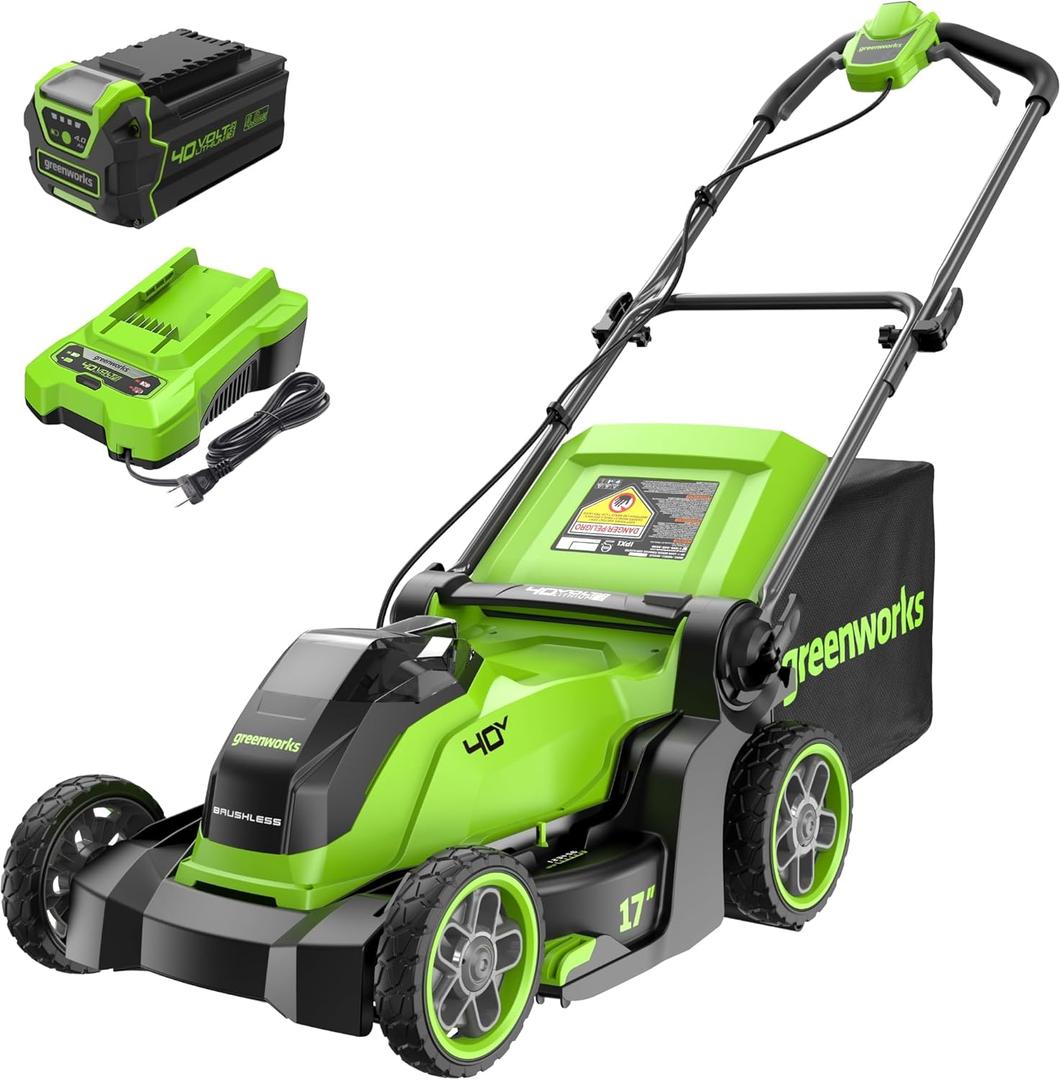 Greenworks 40V 17" Cordless Lawn Mower  Brushless Motor, 4.0Ah Battery & Charger (75+ Compatible Tools), 2-in-1 Mulch/Bag