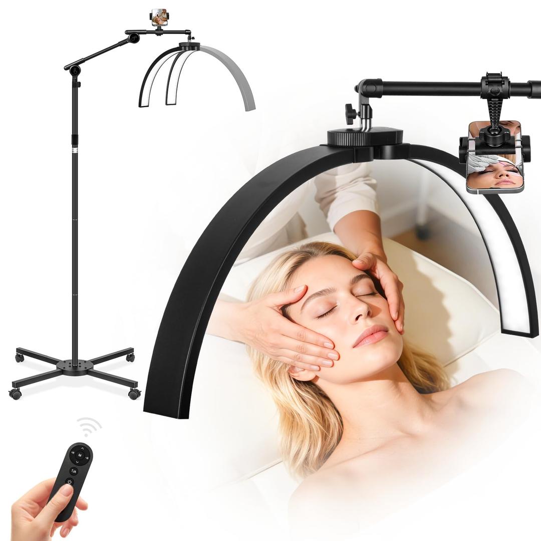 Half Moon Light for Eyelash Tech, 27.5” Ultra-Wide 45W Lash Light with 392 LEDs, Adjustable Height Esthetician Light with Phone Holder, Dimmable Tattoo & Nail Tech Lamp, Salon Lighting(Black