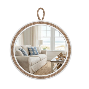 Vercraft Coastal Mirror 24" Wall Decor with Rope Wrapped Trim and Hanging Loop Nautical Round Circle Mirror Nautical Rustic Decorative for the Living Room, Bedroom Bathroom and Entryway