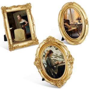 2 Pcs Gold Vintage Picture Frame Set Antique Oval Picture Frames 4x6, 5x7 Inch Baroque Photo Ornate Frames with Glass Gift for Tabletop Hanging Wall Art Wedding Home (Retro Style)