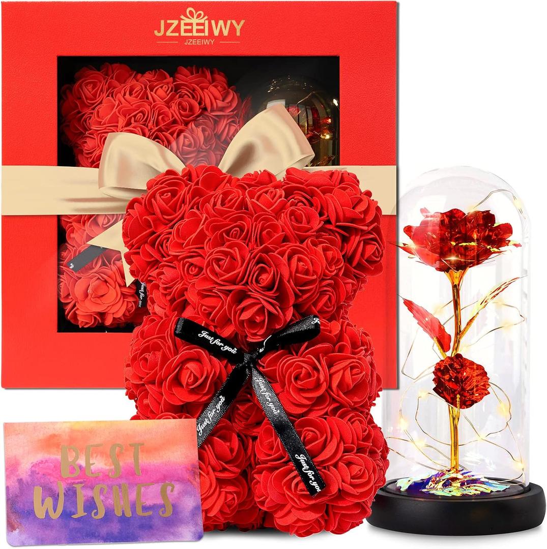 Flower Rose Bear for Mom,Perfect Birthday Romantic Gift for Wife Daughter Girlfriend Friend Her,Light up Rose in Glass Dome for Birthday Anniversary Mothers Day Valentines Day (Red1)