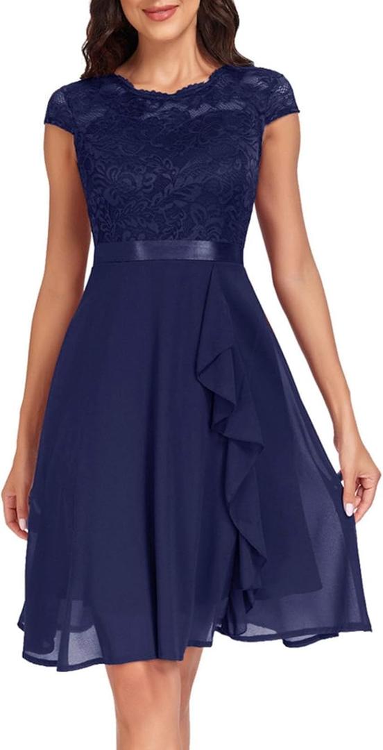 Wedding Guest Dress Women's Elegant Festive Cocktail Dress Lightweight Comfortable Chiffon Dress Knee-Length A Line Slim Fit Lace Dress, M