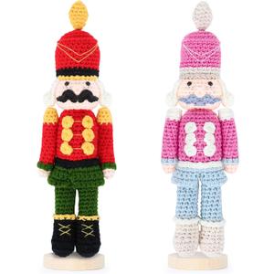 2 Pcs Crochet Christmas Nutcracker Characters with Wood Base Christmas Tree Crochet Tabletop Ornaments Xmas Holiday Nutcracker Soldier Figure Table Centerpieces Decoration Knitting Craft Art Supplies