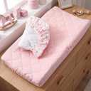Frienda 2 Pack Pink Changing Pad Covers Waterproof Pink Bow Muslin Changing Pad Covers 32 x 16 Inch Coquette Quilted Cotton Fitted Diaper Sheet Breathable Extra Thick Sheets for Girls