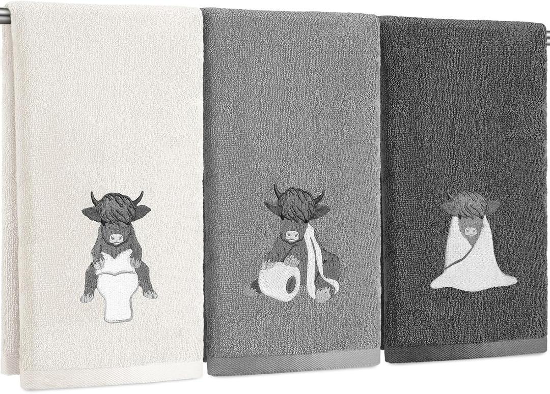 3 Pcs Highland Cow Hand Towels Bathroom Decor Highland Cow White and Gray Decorative Embroidered 100% Cotton Farmhouse Towels for Bathroom Kitchen Decor, 13. 3 x 29. 5''