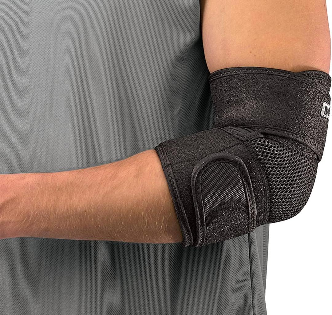 MUELLER Sports Medicine Adjustable Elbow Brace, Elbow Pain Relief Support Sleeve for Men and Women, For Tennis, Golf, Painting, Factory-Line Work, and More, Black, One Size