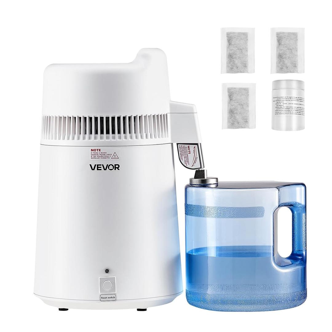 VEVOR Water Distiller, 6L/1.6 Gallon Larger Distilled Machine, 900W Distilling Water Maker, 0-99H Timing Set, Time & Temp Display, 304 Stainless Steel Interior Stiller with Plastic Carafe, White