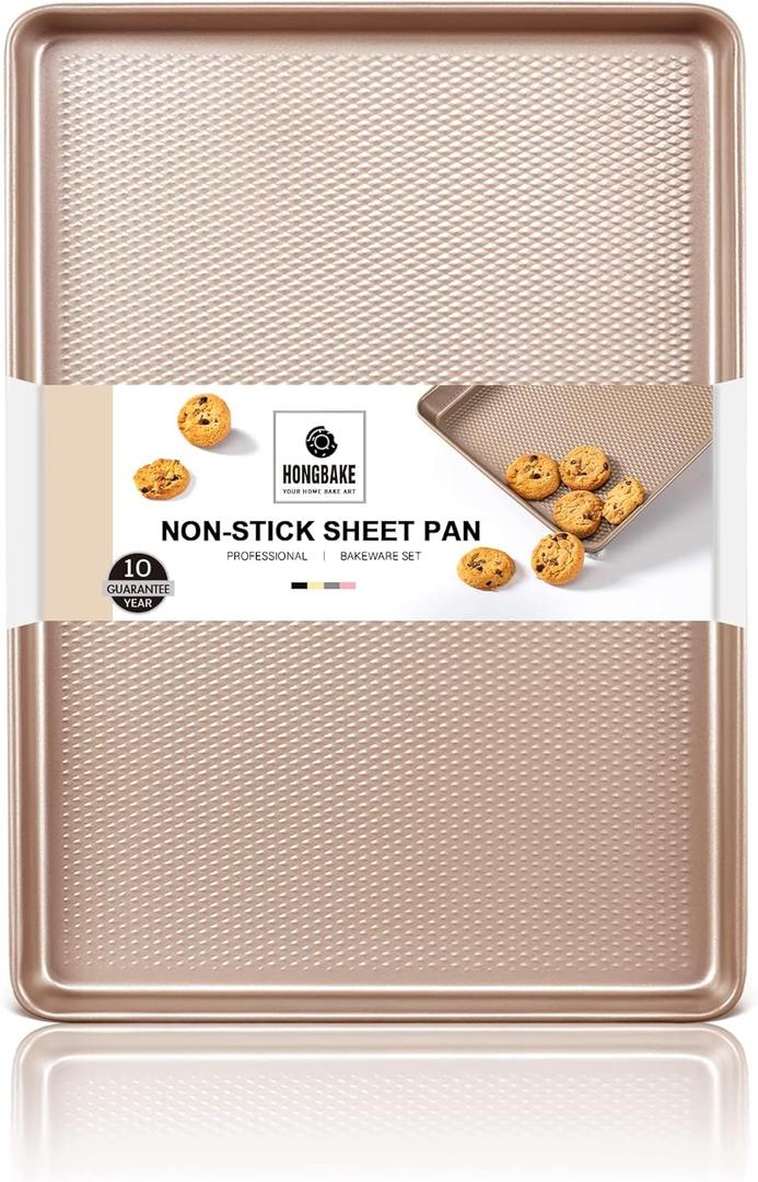 Jelly Roll Pan 15x10 - HONGBAKE Commercial Cookie Sheets for Baking with Diamond Texture Surface, 57% Thicker Carbon Steel Baking Sheet for Oven, Nonstick Cooking Tray (Champagne Gold)