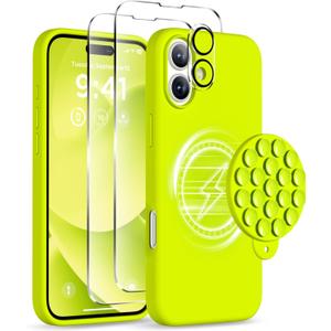 Magnetic for iPhone 16 Case, Compatible with Magsafe, Suction Cup Phone Mount, [2 Screen Protectors][Camera Lens Protector] Silicone Shockproof Protective Slim Phone Cover 6.1", Neon Yellow