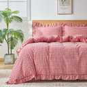 Gingham Duvet Cover Queen Size, 3 Pieces Soft Breathable Microfiber Plaid Comforter Cover with Zipper Closure & 2 Pillow Shams, Ruffle Farmhouse Vintage Decor, Red